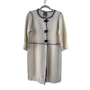 Vintage Curio Cream Crochet Long Cardigan Black Trim & Button Closure M